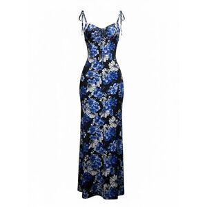 Parthea Floral Ruched Babydoll Y2K Milkmaid Mobwife Maxi Dress Blue Black M